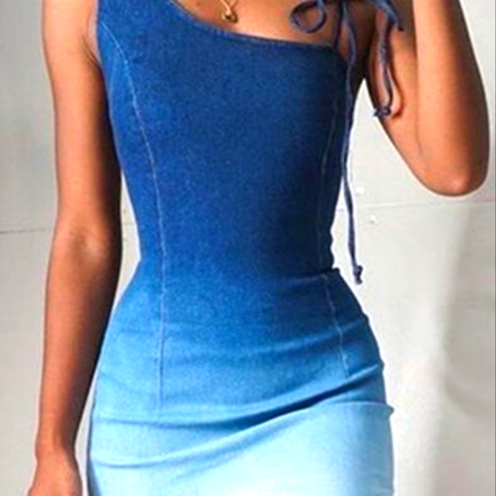 One Shoulder Midi Dress Denim Gradient Sleeveless